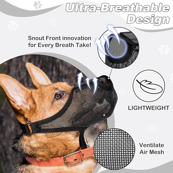 Dog Muzzle, Soft Air Mesh Muzzle for Small Medium Large Dogs Anti Biting Barking Chewing Scavenging, Breathable Adjustable Loop Pets Muzzle with Front Opening Design Allows Panting Drinking (Black,XL)