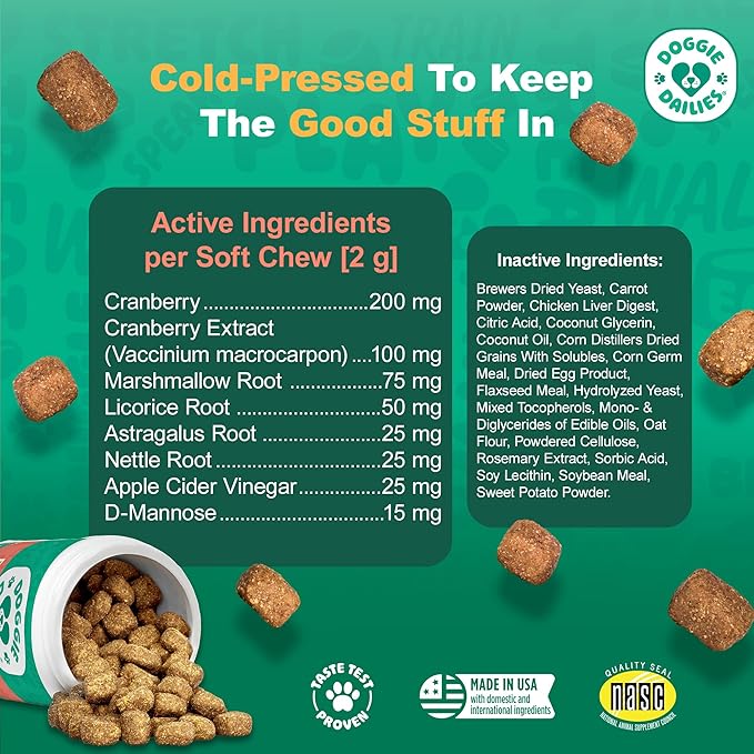 Doggie Dailies Cranberry Supplement for Dogs - Urinary Tract, Bladder & Kidney Support for Dogs - Cranberry for dogs with Marshmallow Root, Licorice Root & Apple Cider Vinegar (Chicken) 225 Soft Chews