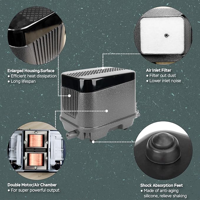 AquaMiracle Linear Air Pump ZP-40/ZP-60/ZP-100/ZP-200 for Pond Aeration, 635/950/1600/4000GPH Septic Air Pump Pond Aerators for Outdoor Ponds, Waste Treatment, Aquarium, Fish Farm, Seafood Restaurant