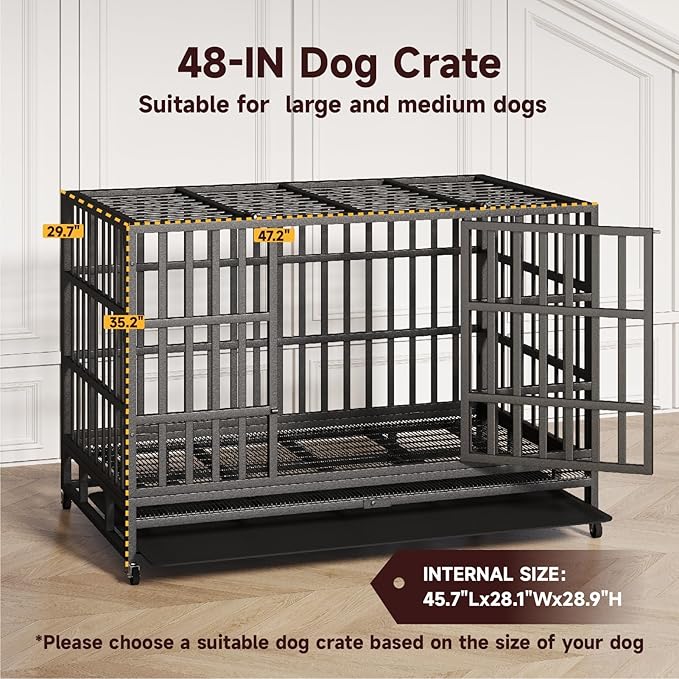 48 Inch Heavy Duty Indestructible Dog Crate Steel Escape Proof, High Anxiety Cage, Kennel with Wheels, Removable Tray, Extra Large XL XXL