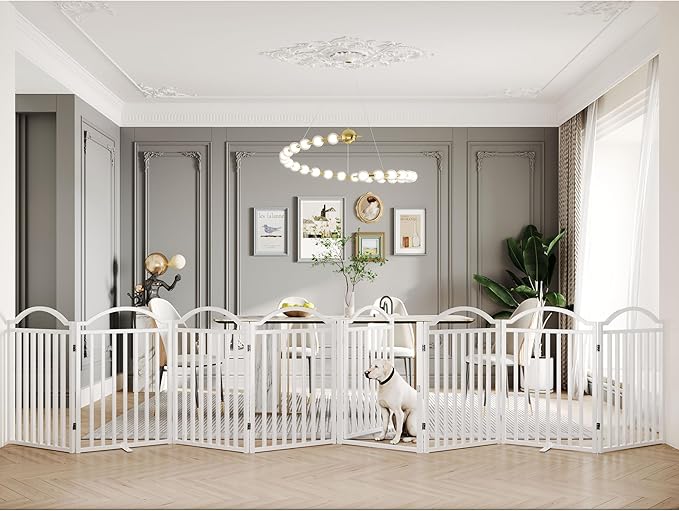 BHG Metal No-Assembly Freestanding Dog Gate with Door Walk Through, Extra Wide 96", Extra Tall 32" Pet Gate, Accordion Puppy Folding Playpen Dog Fence, with 2PCS Support (White, 8 Panels)