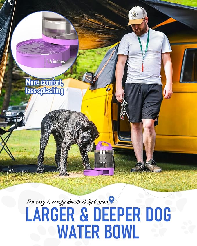77oz Dog Travel Water Bottle, Large Portable Dog Water Bowl Dispenser, Leakproof Pet Drinking Bottle Dispenser for Hiking Camping Walking Travelling Beach Car Trips, No Spill, BPA Free,Purple