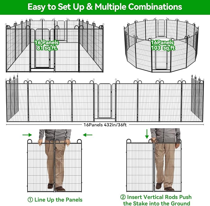 Dog Playpen Outdoor 16 Panels Heavy Duty Dog Fence 47" Height Anti-Rust with Doors Portable for RV Camping Yard, Total 36FT, 103 Sq.ft, Snowy Black