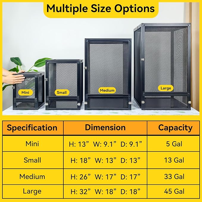 33 Gallon 360° Panoramic Foldable Reptile Terrarium Kit: Crested Gecko Tank and Reptile Cage for Superior Ventilation, Easy Feeding, Sturdiness, and Simple Assembly (Black, 26"x17"x17")