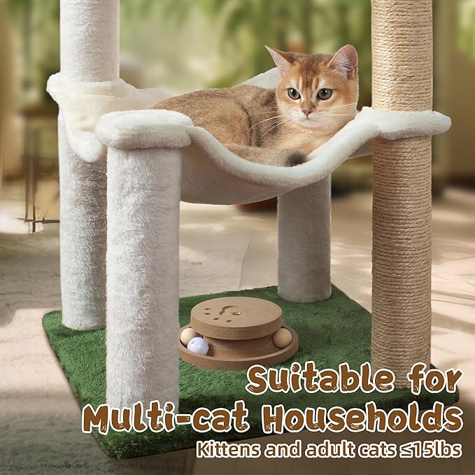 Cat Scratching Post 40 Inches Small Cat Tree Tower with Two Hammock, Double Hammock with Cat Toy Wooden Interactive, Cat Condo for Kitten and Adults Cat