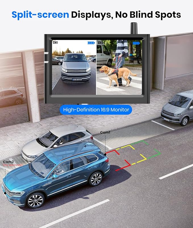 AUTO-VOX Solar Wireless Backup Camera:5" HD 1080P Monitor,3 Mins DIY Installation & 5000 mAh Battery Powered Solar Back Up Camera Systems, IP69K Waterproof Reverse Camera for Car, Van, Truck, Trailer