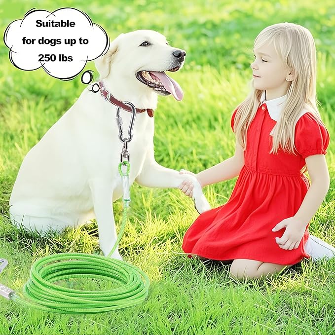 Dog Tie Out Cable for Outside,50FT Heavy Duty Dog Leash&Chains with Swivel Hook,Small-Large Dogs Runner Cable for Dogs Up to 250lbs, Long Lead Line for Yard Outdoor and Camping (250lbs 50FT, Green)