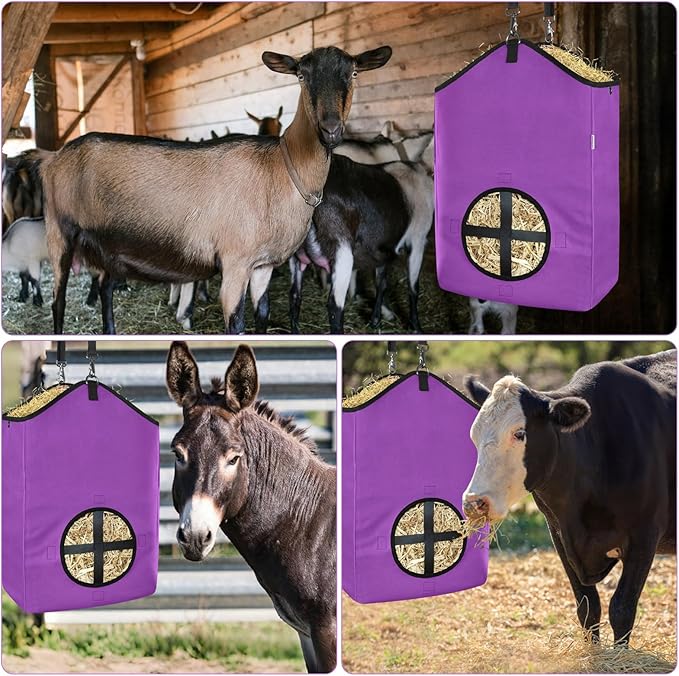 3 PCS Goat Hay Feeder,Hay Bags for Horses,Goats,Donkeys with Reinforced Oxford Fabric and High Strength Metal Clasp,Horse Feeding Supplies with Adjustable Strap for Easy Hanging(2Purple+1Orange)