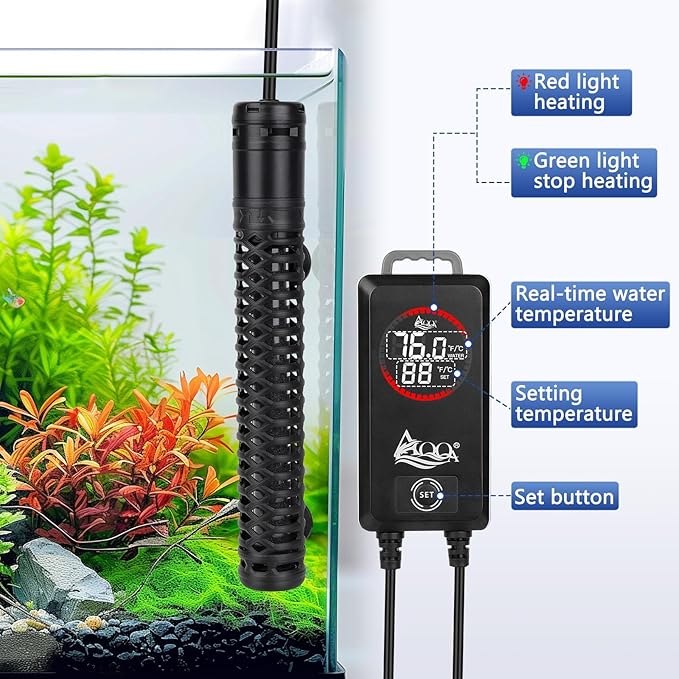 AQQA Aquarium Heater,Submersible Fish Tank Heater 59-93°F/15-34°C External Controller,Rapid Heating,Ultra-high Temperature Protection,Automatic Power-Off When Leaving Water (1000W for 172-227 Gallon)