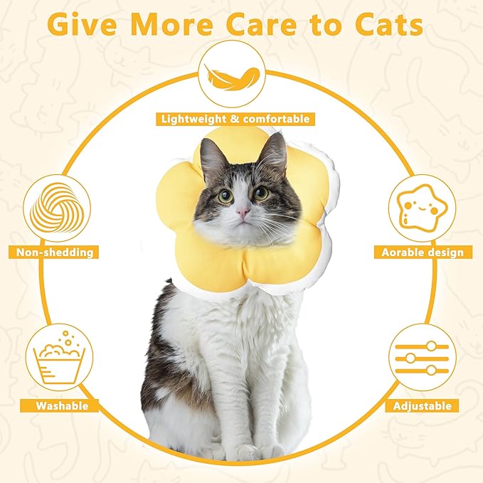 Cat Cone Collar Soft, Waterproof Cats Cones to Stop Licking After Surgery, Adjustable Soft Elizabeth Cats Collars for Wound Healing, Flower Shape Cat Recovery Collar (Yellow, Medium)