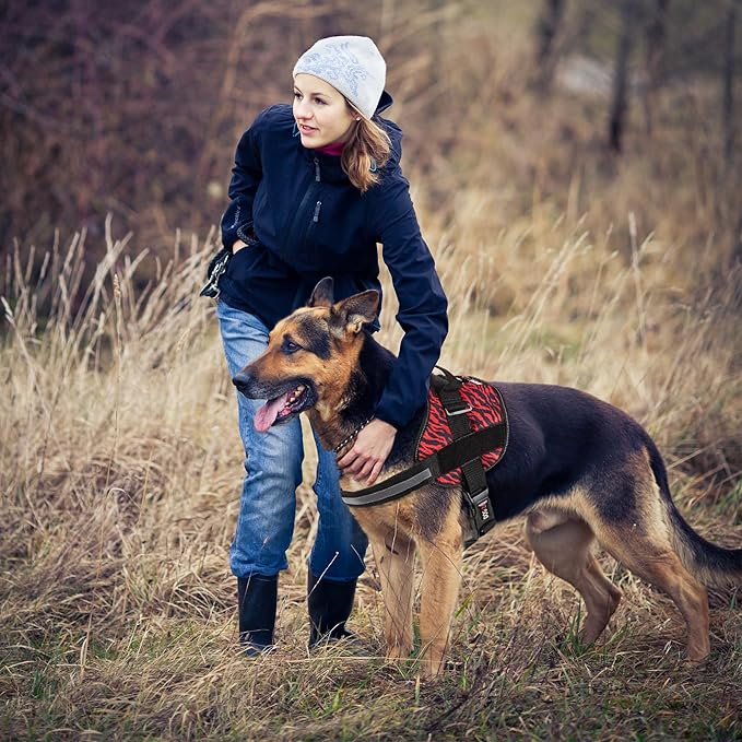 Dogline Dog Harness, Reflective No-Pull Adjustable Vest with Handle for Walking, Training, Breathable, No - Choke Harness for Small, Medium or Large Dogs Room for Patches Zebra Black/Red L 27"-34"