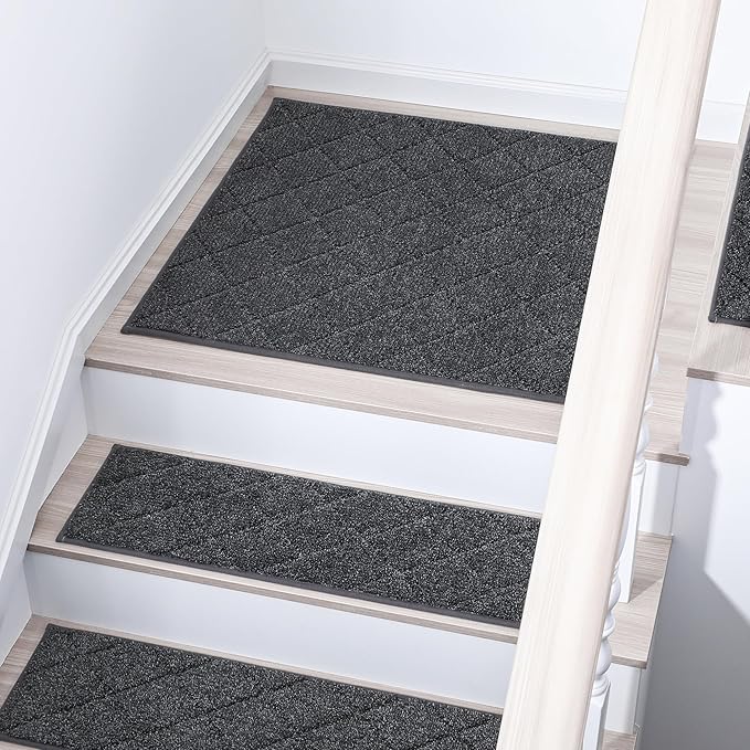 COSY HOMEER Edging Stair Treads Non-Slip Corner Indoor Stair Runners for Wooden Steps,Landing Slip Resistant Stair Rugs Mat for Kids and Dogs,100% Polyester TPE Backing,Black,30x30 inch