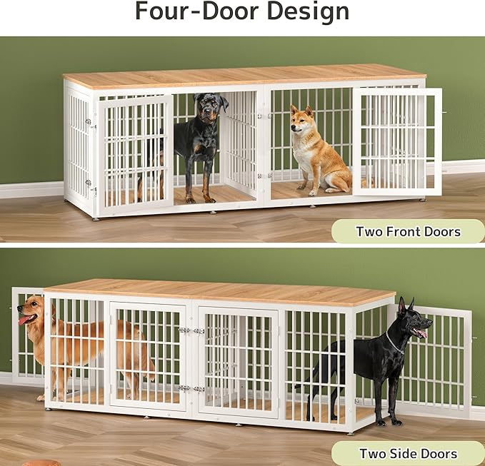 78 Inch Double Dog Crate Furniture, Heavy Duty Extra Large Cage Furniture with Divider for 2 Dogs, Decorative Wooden Kennel Furniture Indoor, Pet House for Large and Medium Dogs, White