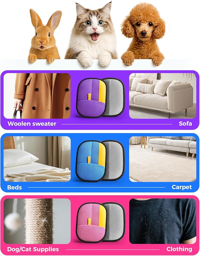 2025 Thickened Electrostatic Pet Hair Removal Gloves (2 Pcs) - Reusable Strong Grooming Gloves for Cats & Dogs, Hair Remover for Couch, Furniture, Carpet, Car Seats & Clothing (Pink)