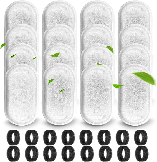 Cat Water Fountain Filters for 108/3.2L& 67oz/2L Stainless Steel Pet Water Dispenser,16 Cat Fountain Filter Replacement with 16 Sponges (16 Filters&16 Sponges)