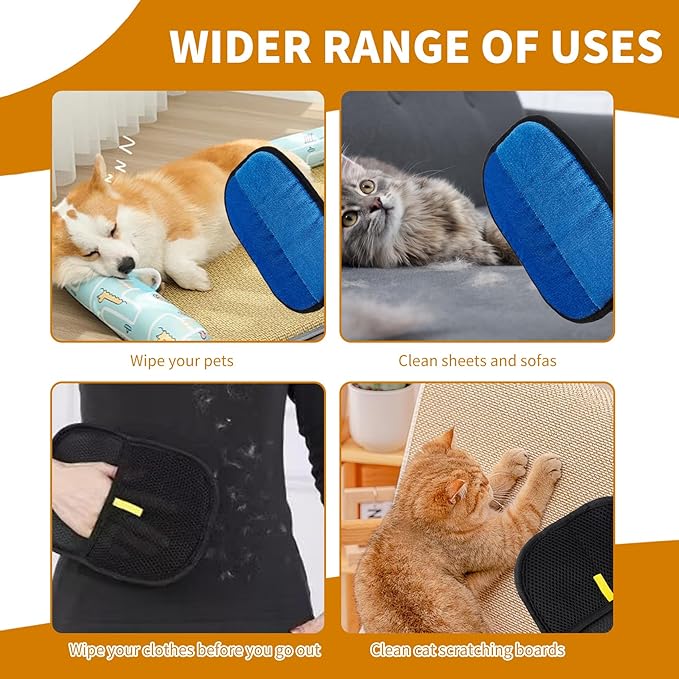 2PCS Electrostatic Pet Grooming Gloves, Reusable Hair Remover for Dog Cat Fur on Clothes Furniture Car Seat/Blue