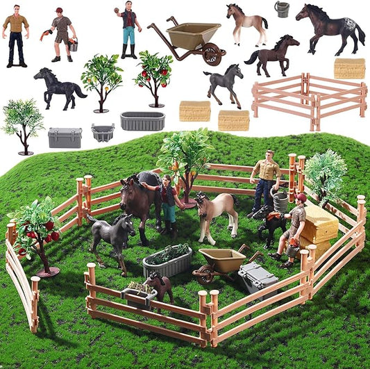 27 Pcs Horse Ranch Playset, 5 Horse Figurines 3 People Figurines 8 Fence 3 Model Trees 1 Moss Mat for Diorama Project Educational Gift Cake Topper