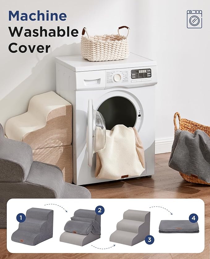 Beige Curved Dog Stairs Ramp for Small Dogs & Cats 17" H, 3-Step Dog Steps for Couch Sofa and Chair, Pet Stairs for Cats, Non-Slip Balanced Pet Steps