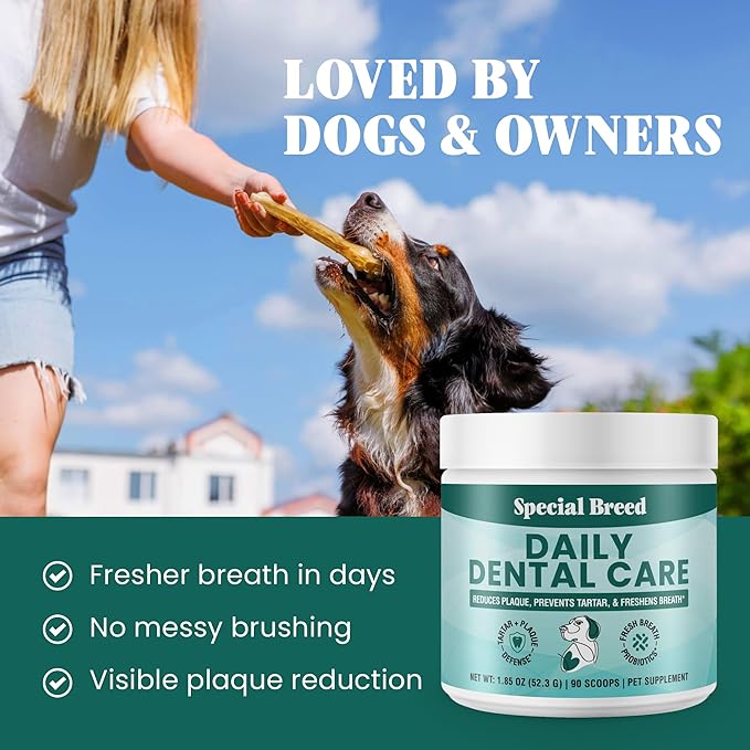Dog Teeth Cleaning Powder – Natural Dog Dental Powder for Tartar Control, Fresh Breath & Gum Health – Daily Plaque Remover with Zeolite, Brown Algae, Probiotics & Rosemary – 90 Scoops