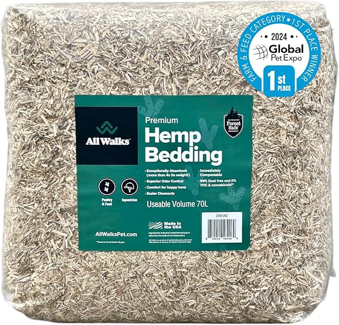 All Walks 70 Liter Hemp Bedding for Chicken Coops, Horses, Ponies, Llama, Emu, Ducks, and Turkeys - 100% Natural, Superior Odor Control, Biodegradable Pet Bedding, Dust-Free - Made in USA