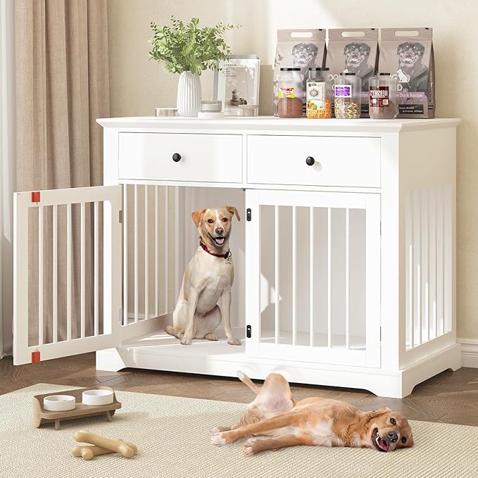 Dog Crate Furniture, 44 Inch Wooden Dog Kennel Indoor with 2 Storage Drawers, Heavy Duty Large Crate Furniture, Decorative End Table Cage Furniture for Small/Medium/Large (White)