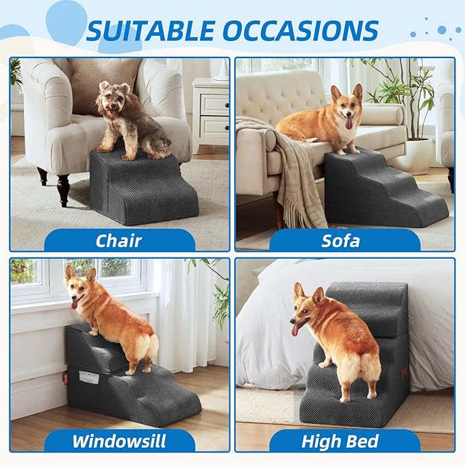 Dog Stairs 3-Step for Small Dogs and Cats to Get on Bed and Furniture/Windows, Pets Can Climb, Sit, or Perch to Look Out Windows, Extra Wide Dog Steps, Non-Slip Waterproof Fabric Cover, Grey（15.7" H）