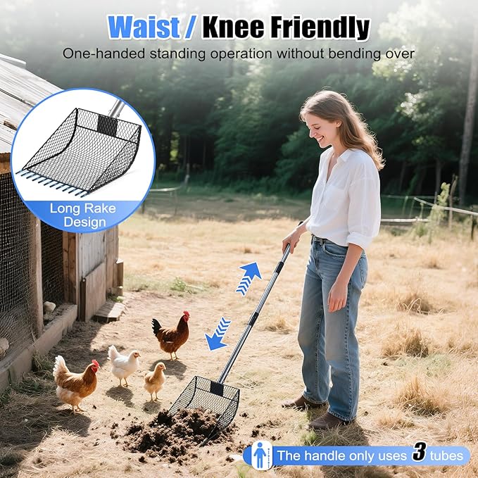 CAROD Chicken Poop Scooper & Rake 2-in-1, Metal Chicken Coop Scoop for Poop with 24 to 68" Adjustable Stainless Steel Handle, Litter Scooper Sand Sifting Shovel Chicken Coops/Animals House
