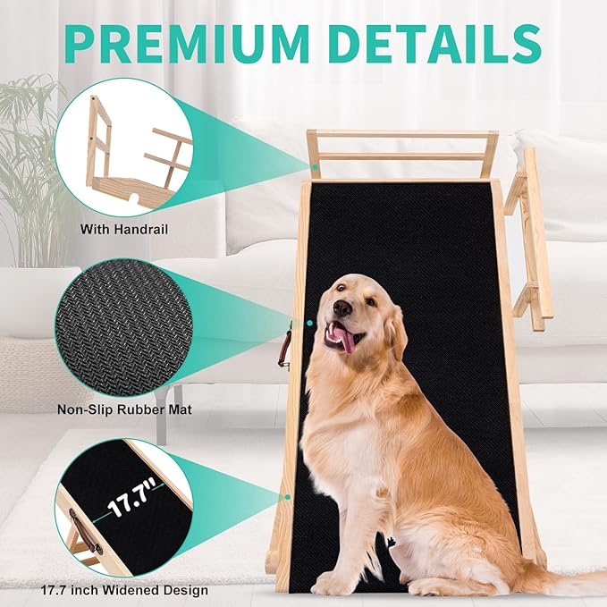 Dog Ramp, 5 Level Adjustable Wooden Folding Pet Ramp for Middle Bed, Couch,SUV-High Traction, Portable Paw Ramps for Small & Large Old Dogs & Cats - Furniture Quality