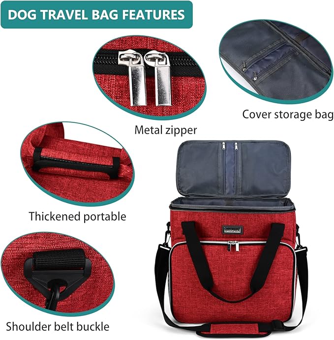BAGLHER Dog Travel Bag, Pet Travel Bag (ALL Pet Travel Supplies), With 2 Pet Food Containers and 2 Collapsible Silicone Bowls; Essential Kits for Pet Travel Red