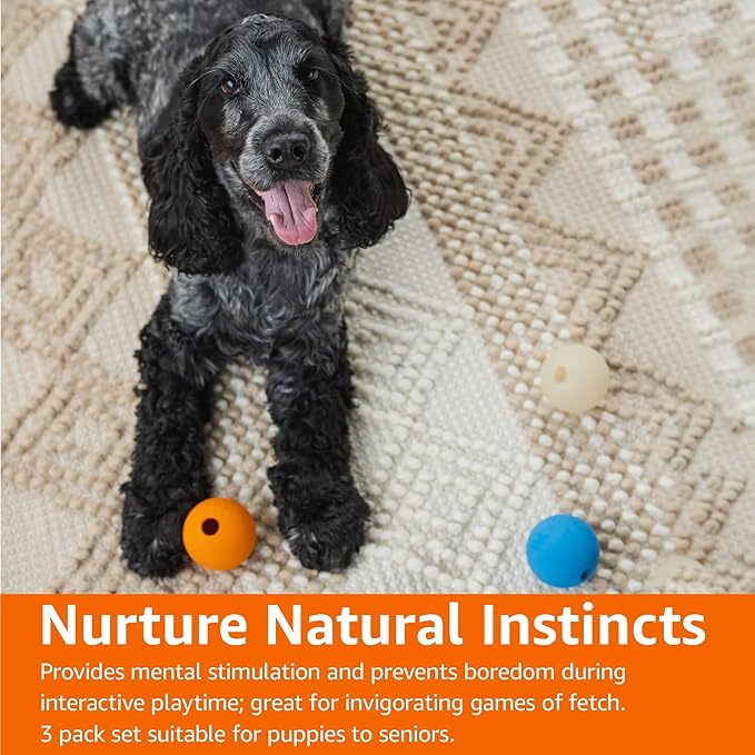 Amazon Basics Dog Toys, Interactive Assorted Rubber Balls, (Pack of 3), 2.5 inch, Blue, Beige, Orange