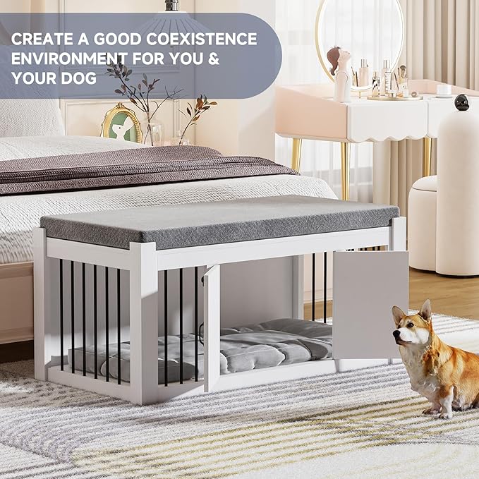 Dog Crate Furniture with Padded Seat, Luxury Wooden Dog Kennel, End of Bed Bench Ottoman with Removable Cushion for Bedroom, Living Roome, White