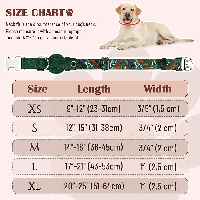 AirTag Dog Collar for Small Medium Large Breed - Adjustable Cute Pattern Dog Collar with Airtag Holder - Soft Leather Tracker GPS Apple Air Tag Pet Collars (X-Small, 9"-12" Neck Fit, Mushroom)