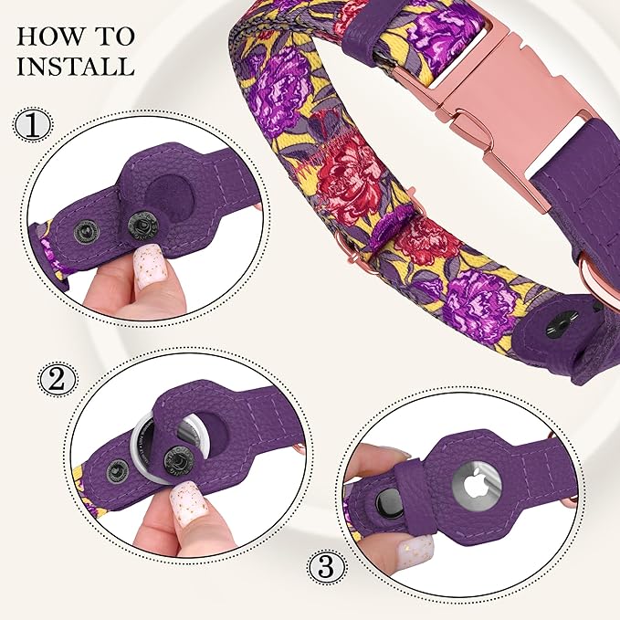AirTag Dog Collar for Small Medium Large Breed - Adjustable Cute Pattern Dog Collar with Airtag Holder - Soft Leather Tracker GPS Apple Air Tag Pet Collars (Small, 12"-15" Neck Fit, Peonies)