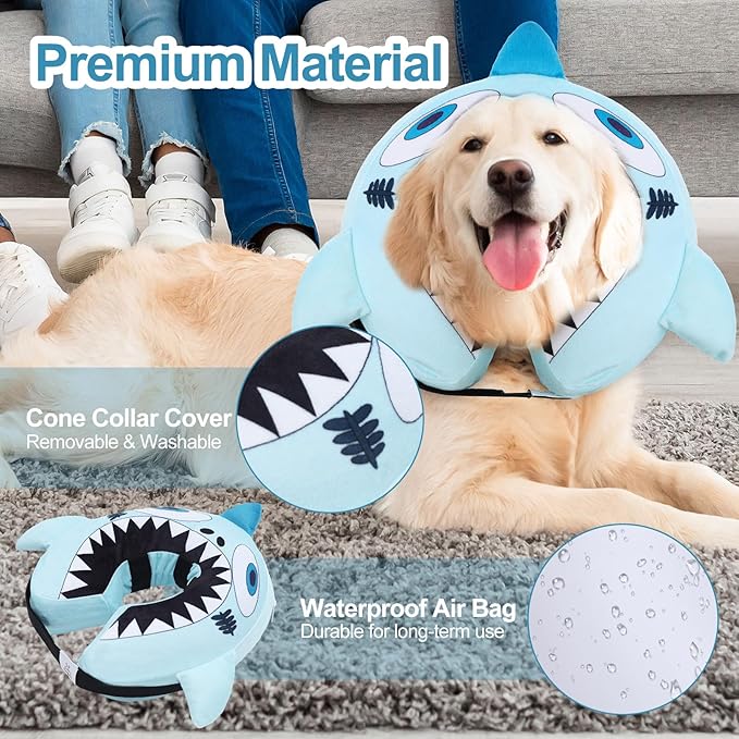 CuteBone Big Shark Inflatable Dog Cone with Removable Soft Fleece Covers for Small/Medium/Large Dogs and Cats Neck Donut Collar After Surgery GWB12L