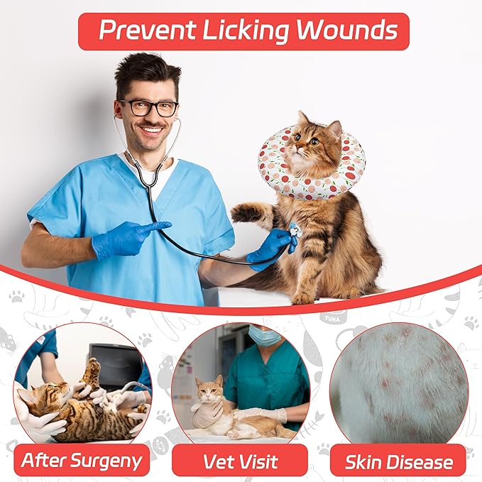 Cat Cone Collar Soft, Adjustable Cat Recovery Collar for Small Medium Large Cats, Cute Donut E Collar After Surgery, Anti-Lick Wound Healing Elizabethan Collar for Kittens(Pink Cherry, Medium)