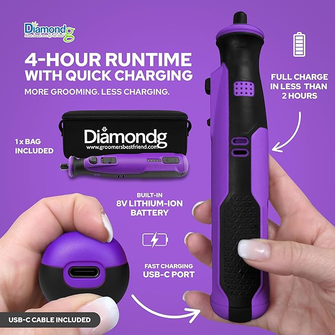 Diamondg Cordless Dog Nail Grinder with Quiet Sound & LED Tip for Large & Small Dogs, 4hrs. Runtime, 2 Bits Included, Purple