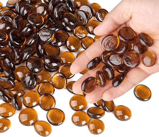 1LB Glass Marbles, Transparent and Smooth Flat Glass Beads for Vases, Mosaic Gem Pebbles for Aquarium Decor, Floral Arrangements, Mancala Stones, Vase Filler and Crafts, Brown
