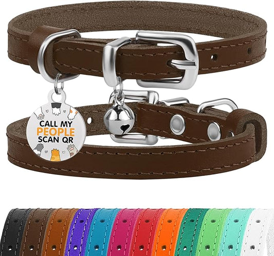 BRONZEDOG Leather Cat Collar with Removable Bells Non Breakaway Kitten QR Tag for Girl Boy (9" - 12" Cats/Mini Dogs, Brown & Silver)