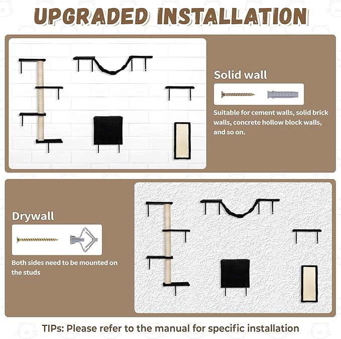 COZIWOW Wall Mounted Cat Furniture, Cat Wall Shelves and Perches, Floating Cat Shelves for Wall Set of 5 (Black)