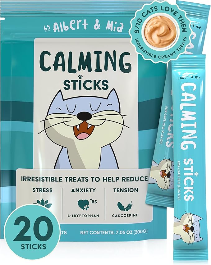 ALBERT & MIA Calming Sticks Lickable Calming Cat Treats for Stress and Anxiety Relief for Cats, Irresistible - Vet Recommended (Sleeping Aid, Vet Visits, Grooming, Car Rides, Plane) 20 Pack