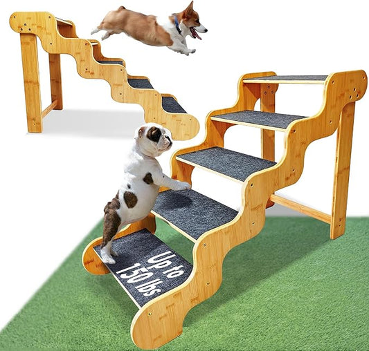 Dog Steps for Bed,24 Inches 5 Step Dog Stairs for Senior Pets to Get On 30 Inches High Beds/Car,Made of Bamboo Can Support Large Dogs Weighing Up to 160 LB