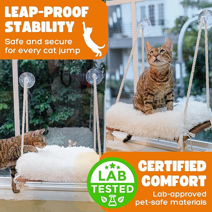 Cat Window Perch - Hammock Bed for Cats Inside - Solid Wood Seat, 4 Strong Suction Cups, Soft Cushion - Rustic Indoor Pet Shelf