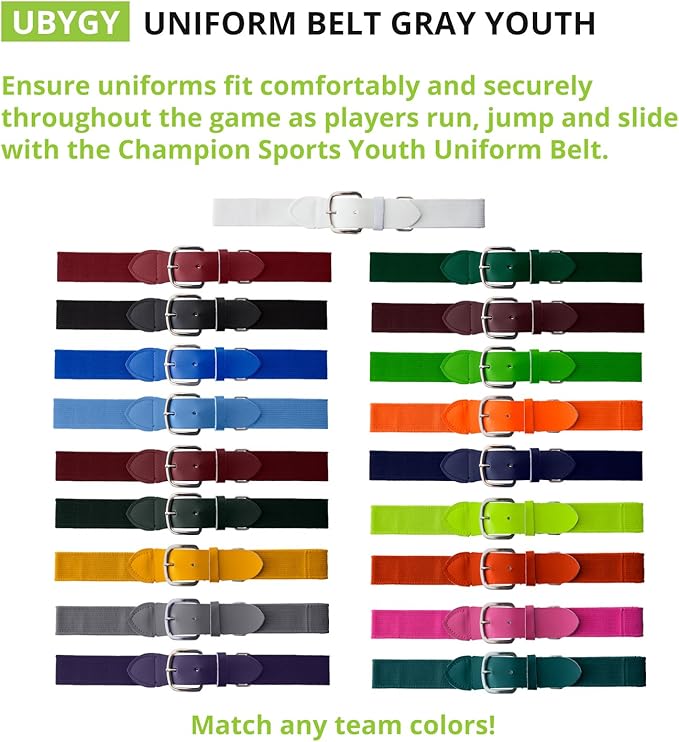 Champion Sports Baseball/Softball Uniform Belt, Comfort Stretch Fit Durable Syntex Tab - Youth & Adult Sizes, Multiple Colors