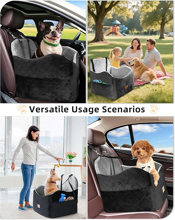 Car Seat Booster for Dog: High-Support Memory Foam Pet Car Seat for Small/Medium Dogs Under 35lbs with Elevated Cushion, Pockets - Detachable Washable Puppy Travel Bed for Driving(Black/Grey)