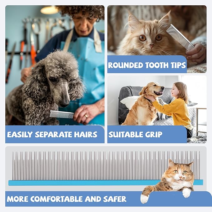 8.5 Inch Upgrade Blue Professional Pet Comb,Dual-Tooth Grooming Comb Anti-Static Smooth Rounded Corners Prevent Friction Breakage and Irritation,Removing Excess Hair for Long-Haired Cats and Dog