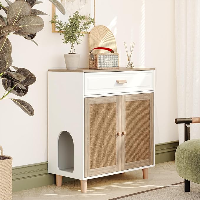 Cat Litter Box Enclosure Furniture Hidden Indoor 2-in-1 Wooden Cat House & Washroom Cabinet with Scratching Board Doors and Drawer, 31.5"x15.7"x34.6"H