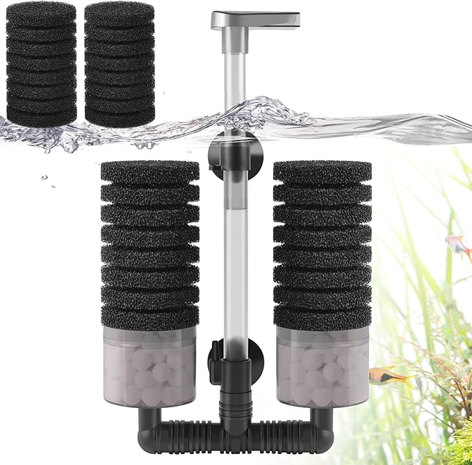 Air Powered Aquarium Sponge Filter with Biochemical Sponge and Ceramic Balls, Quiet Submersible Fish Tank Filter for 15-40Gallon （L-8.7in）