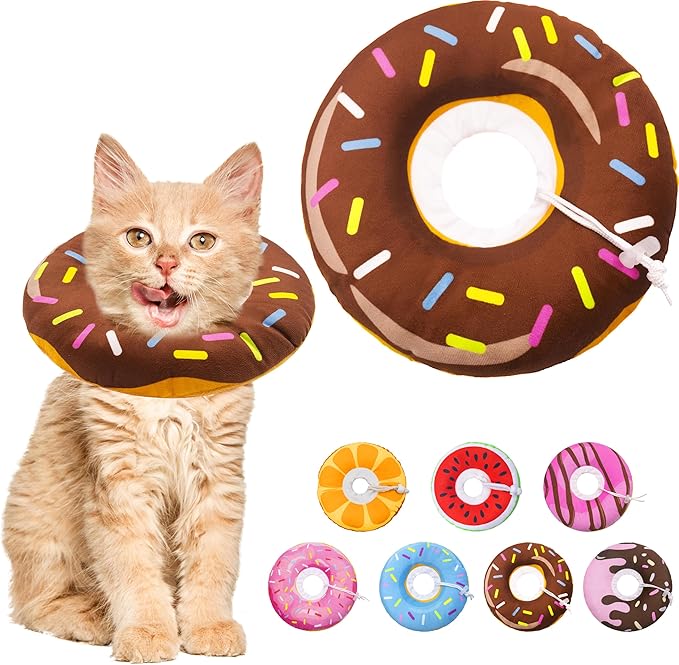 Cat Cone Collar Soft, Adjustable Cat Recovery Collars Spay Cone to Stop Licking, Cute Donut E Collar After Surgery, Wound Healing Elizabethan Collar for Kittens (Donut Brown, Small)