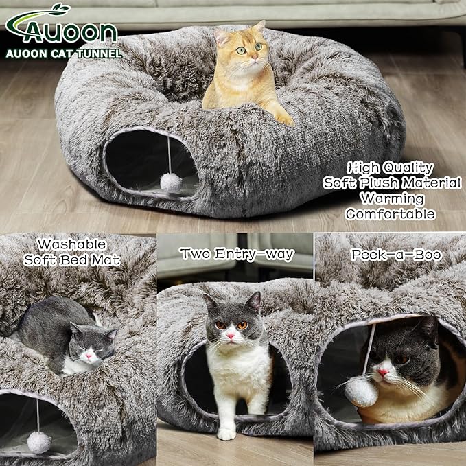 AUOON Cat Tunnel Bed - Cat Donut Tunnel with Soft Plush Circle Cushion for Indoor Cats Kitten Kitty Puppy Rabbit Ferret (Brown)