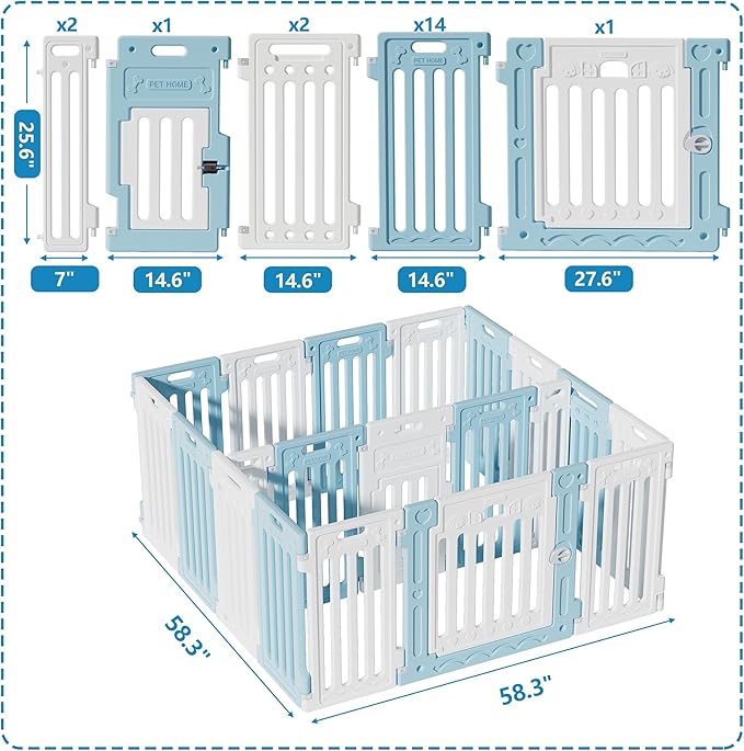 2 Room Dog Playpen with Door,DIY Shape Combination Puppy Pen,16-Panel+2 Link Piece+Large Door+Small Door,25.5" H Dog Fence,Non-Slip&Secure Pet Gate,Easy to Assemble,Blue+White
